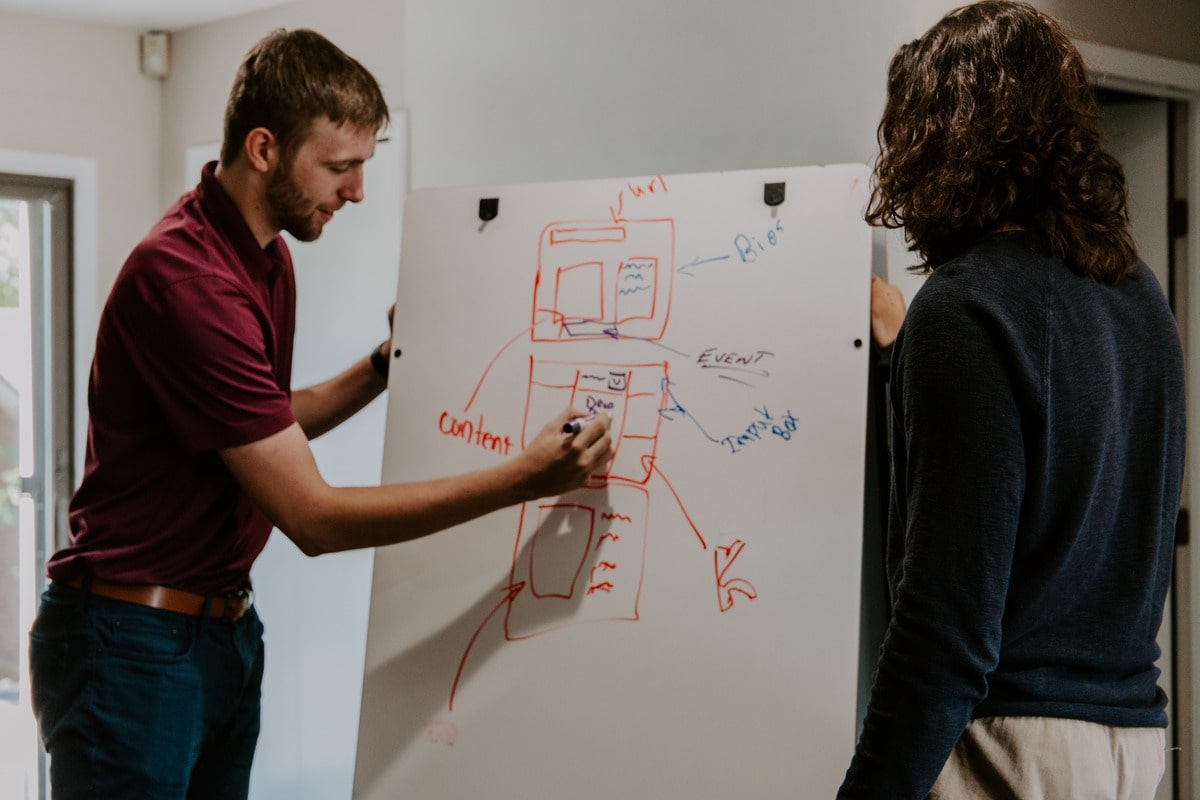 Third & Arch strategists creating wireframes for AEC Firm on whiteboard