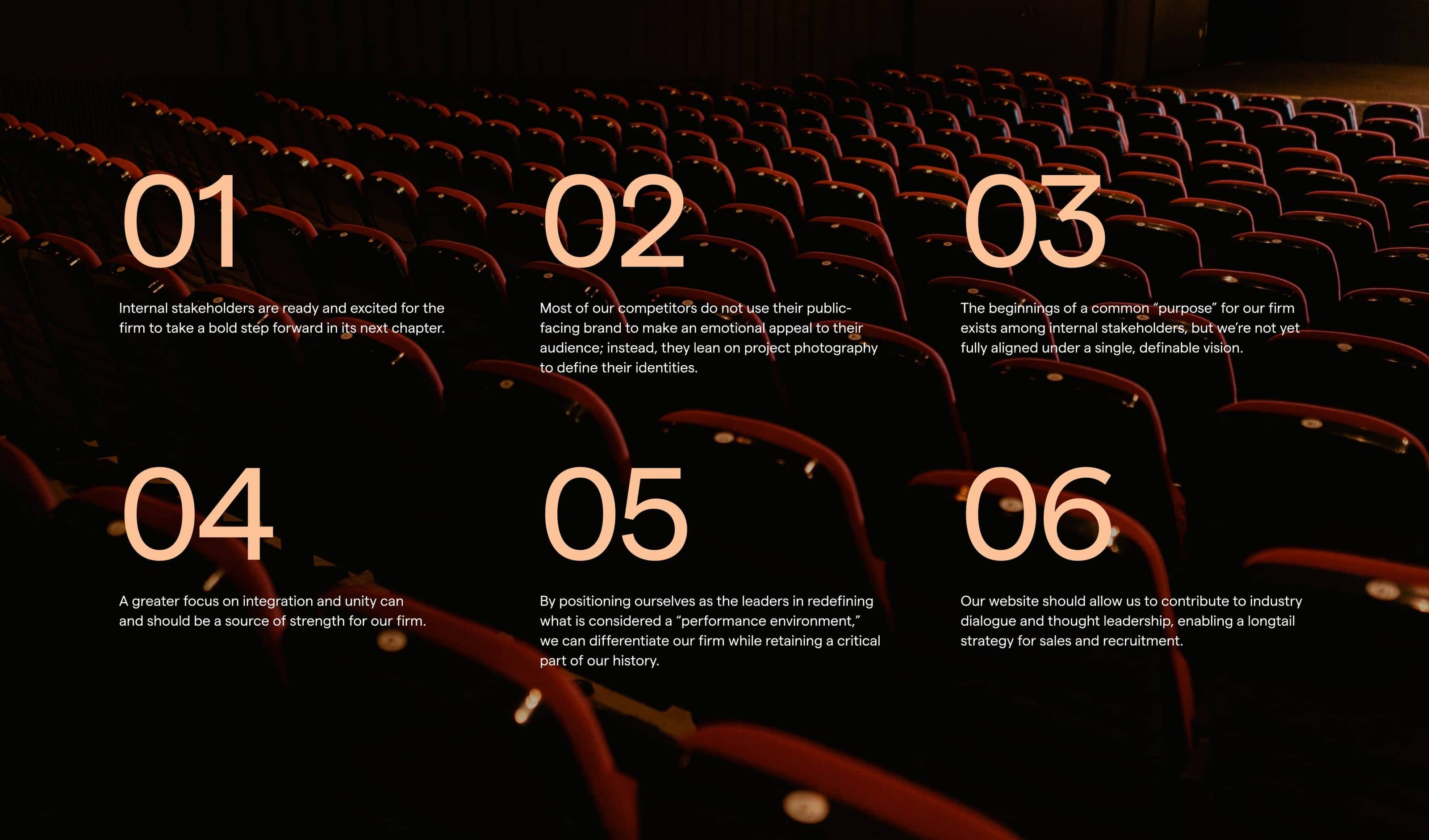 Numbered list with an empty theater in the background, for Apeiro's Architecture website design from Third and Arch.