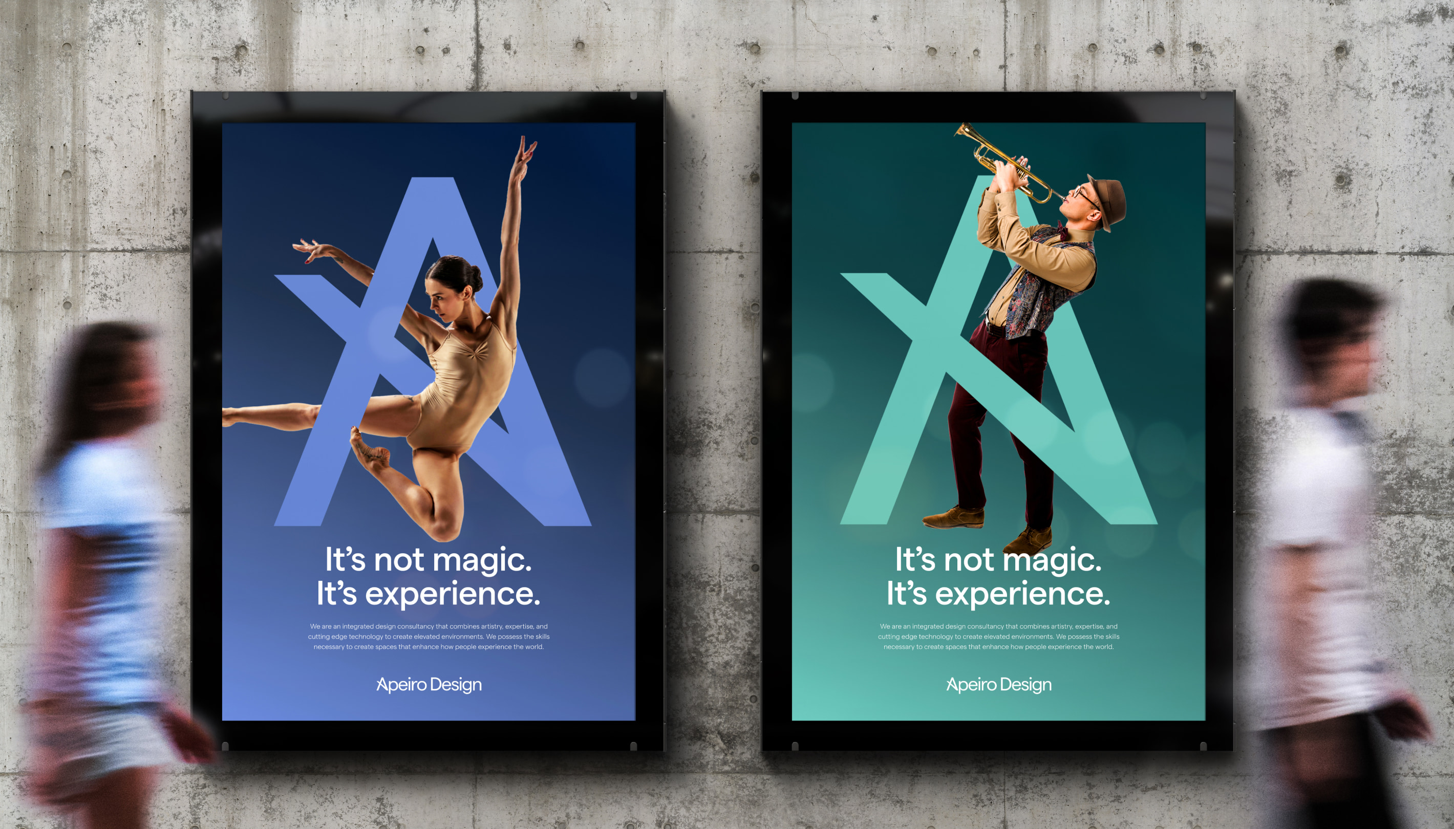 Mockup of illuminated posters on the street of a ballerina and a trumpeter for Apeiro's Architecture website design from Third and Arch.