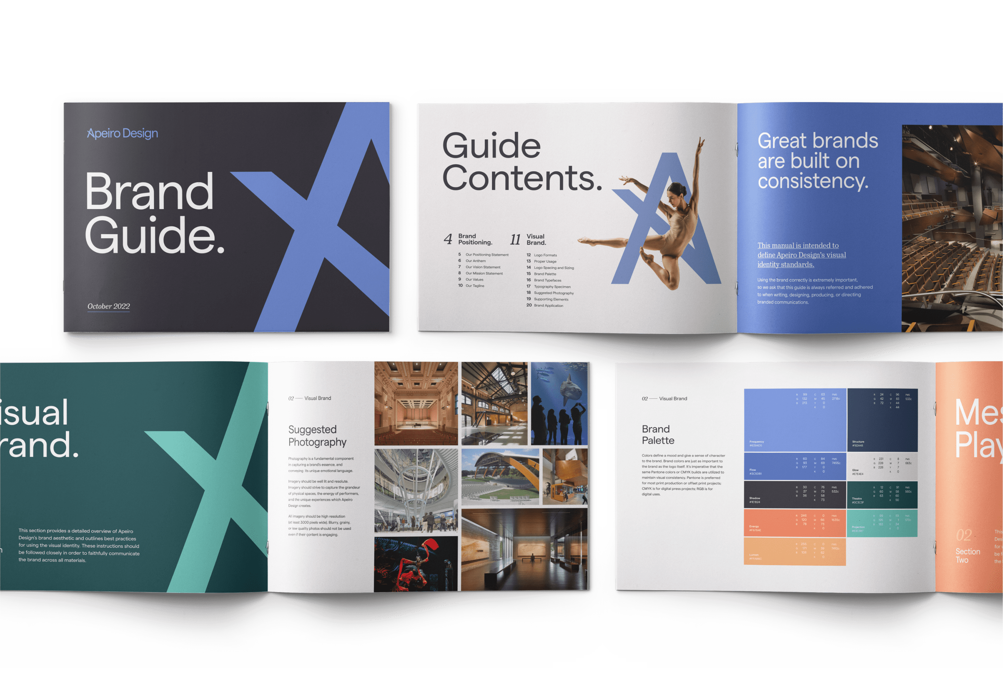 Mockup of a Brand Guide pamphlet for Apeiro's architecture firm branding from Third and Arch.