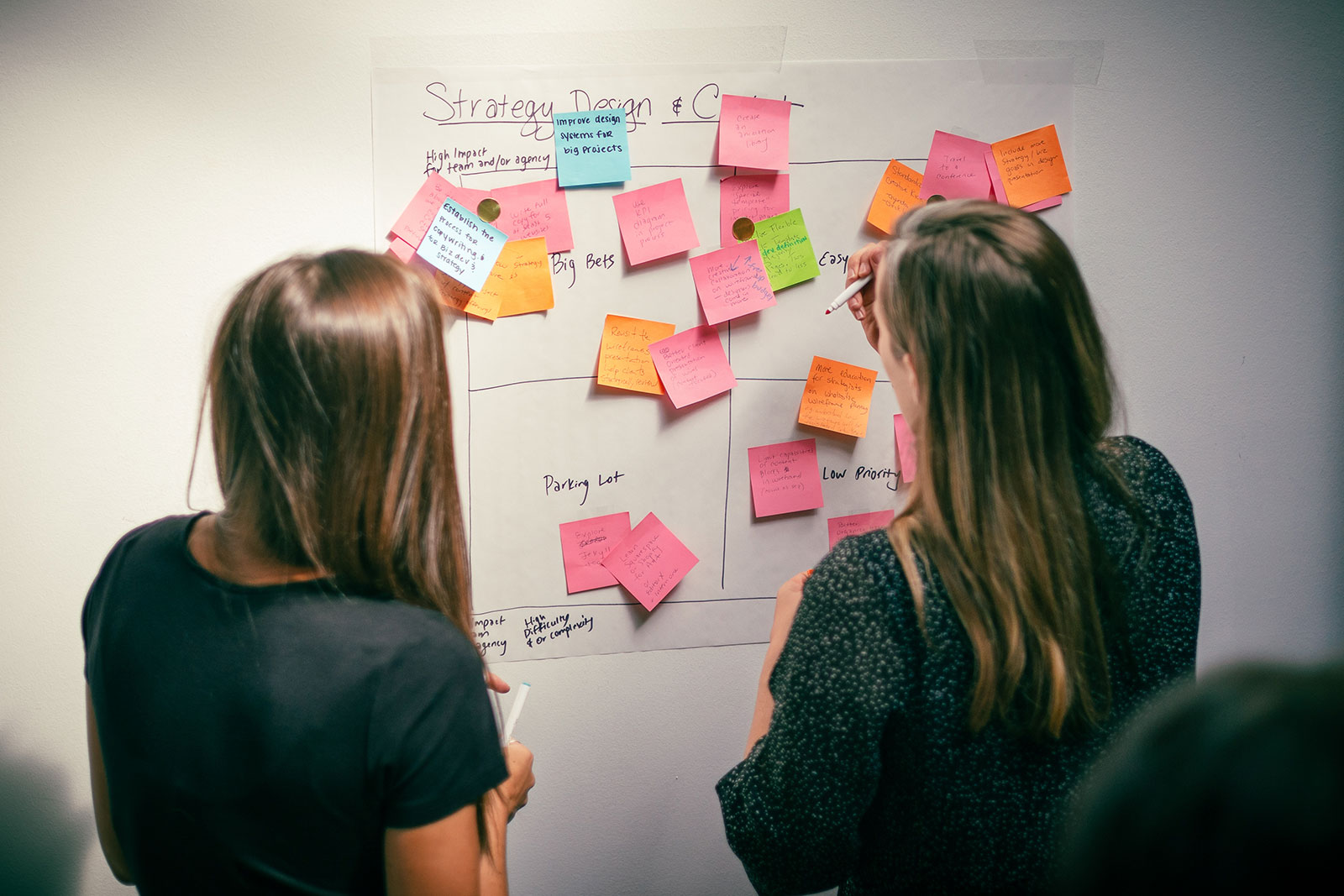 Two women at a board with sticky notes working on AEC brand strategy and website design.