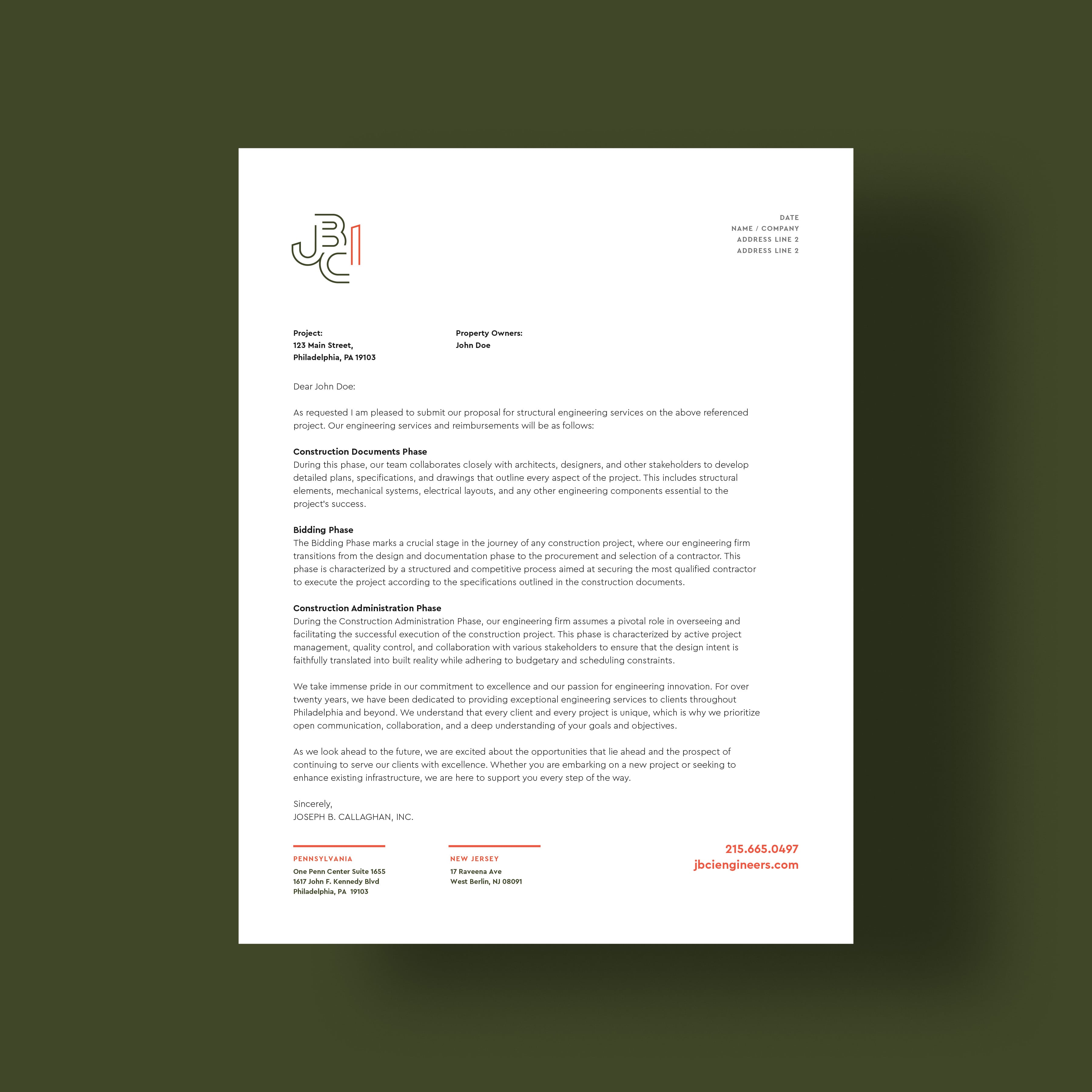 Joseph B. Callaghan engineers branded letterhead print design for engineering website design.