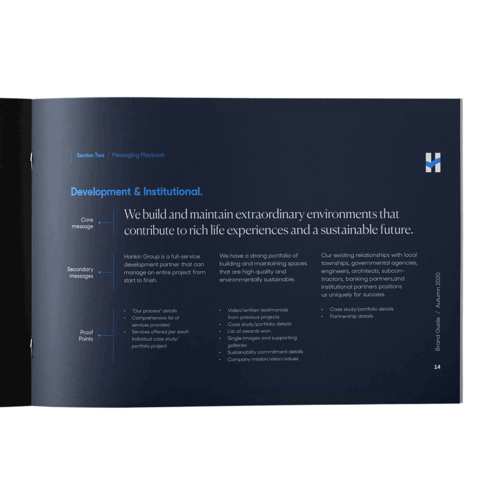 Mockup of Millan Architects mission statement in a brand identity book.