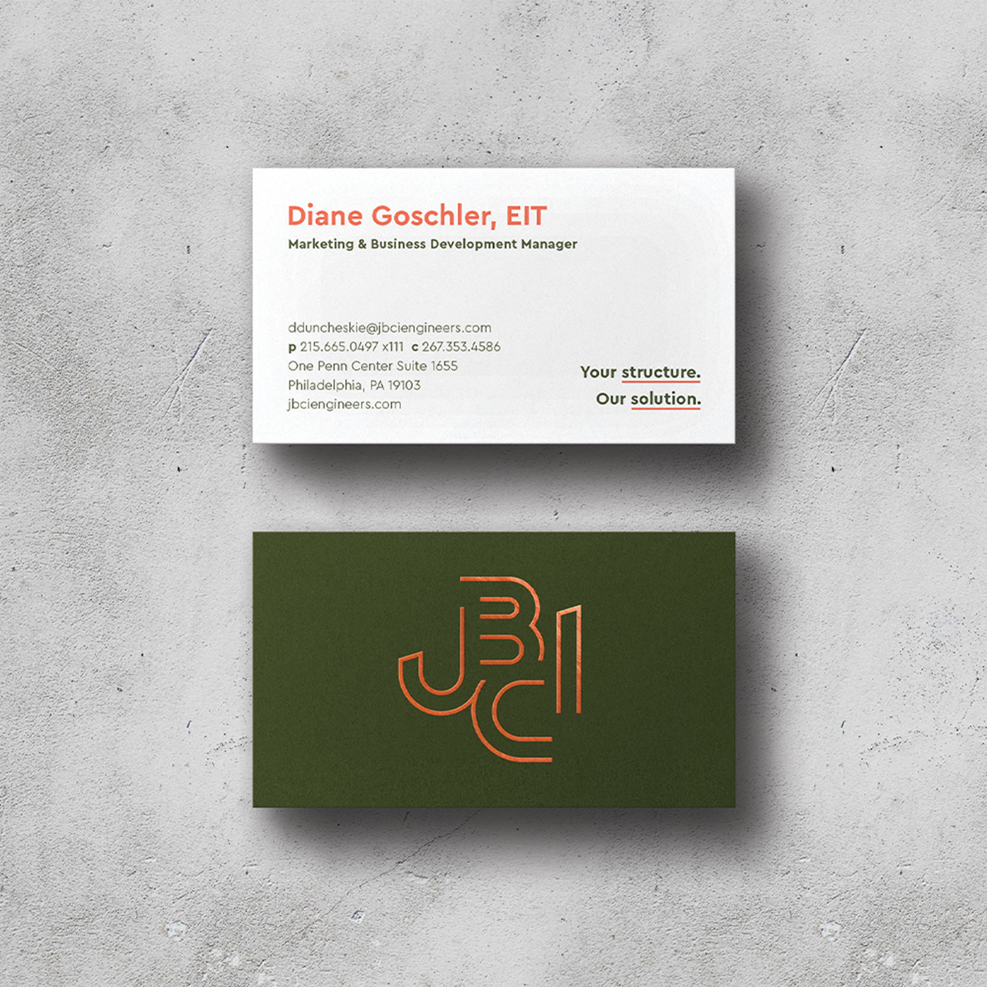 Joseph B. Callaghan Engineers branded business cards mockup for engineering website design.