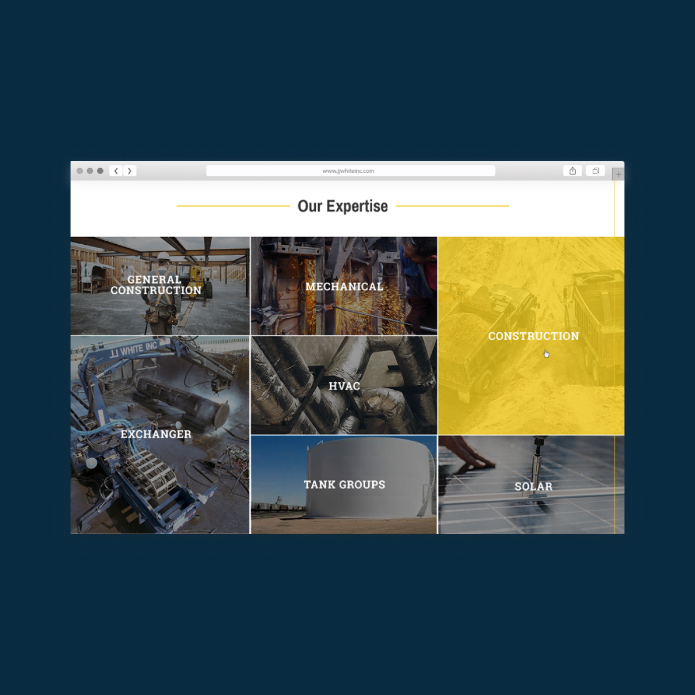 Mockup of J. J. White website Our Expertise page for construction website design.