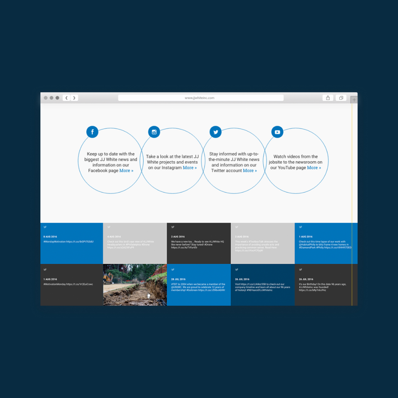 Mockup of J. J. White website social media page for construction website design.