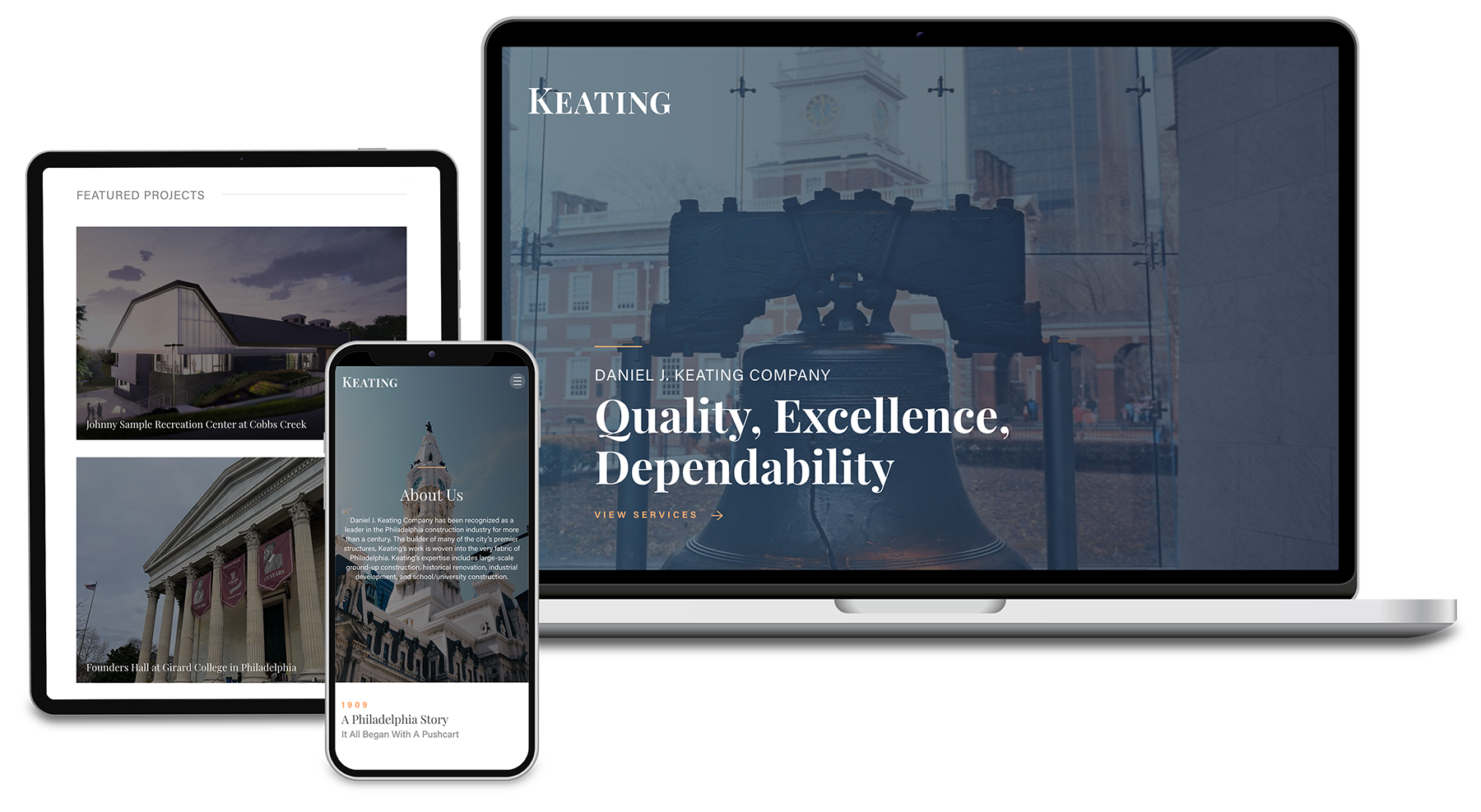 Third & Arch digital mockup for tablet, smartphone, and laptop for Keating construction branding.