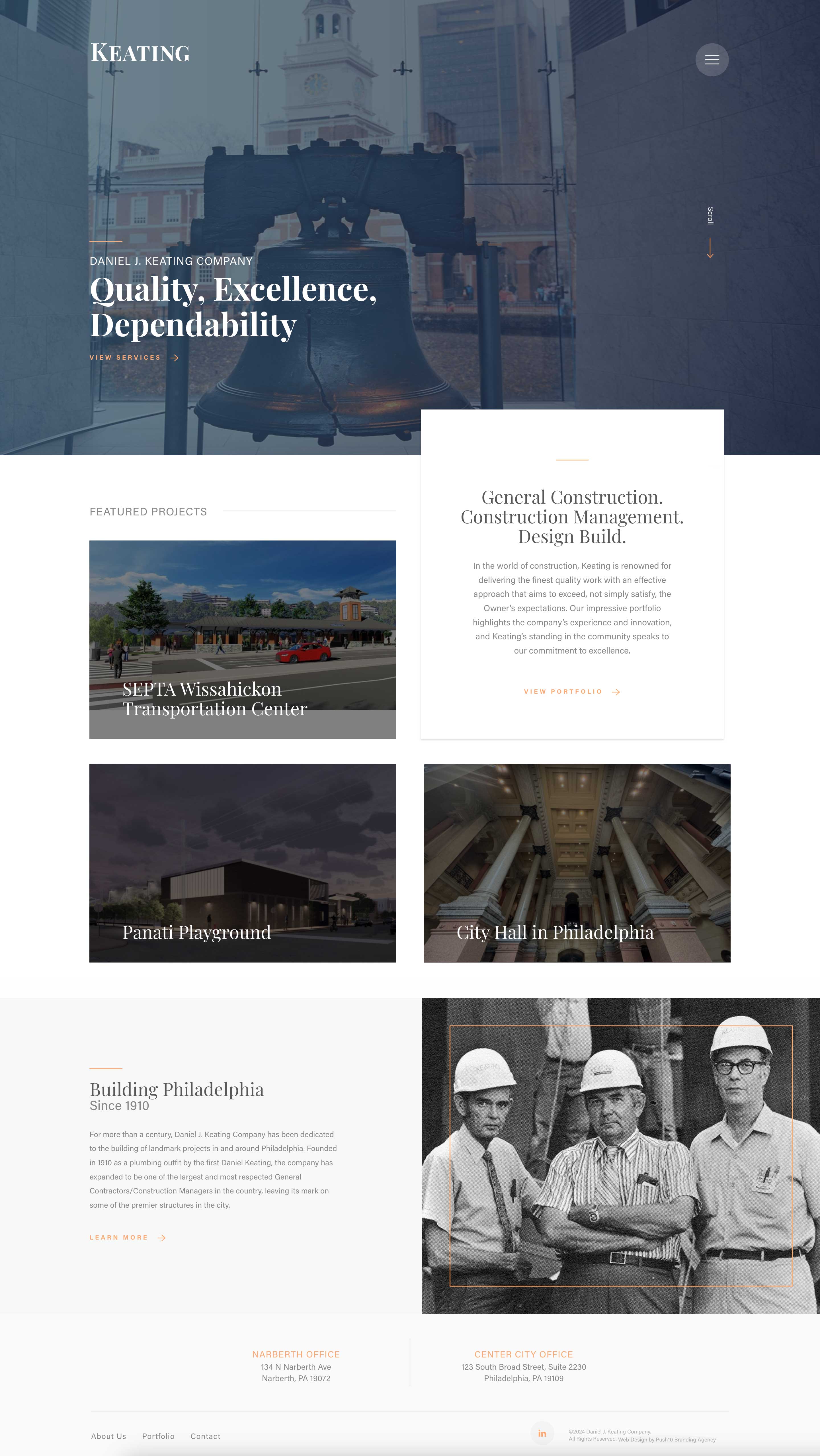 Webpage for Keating construction website design.