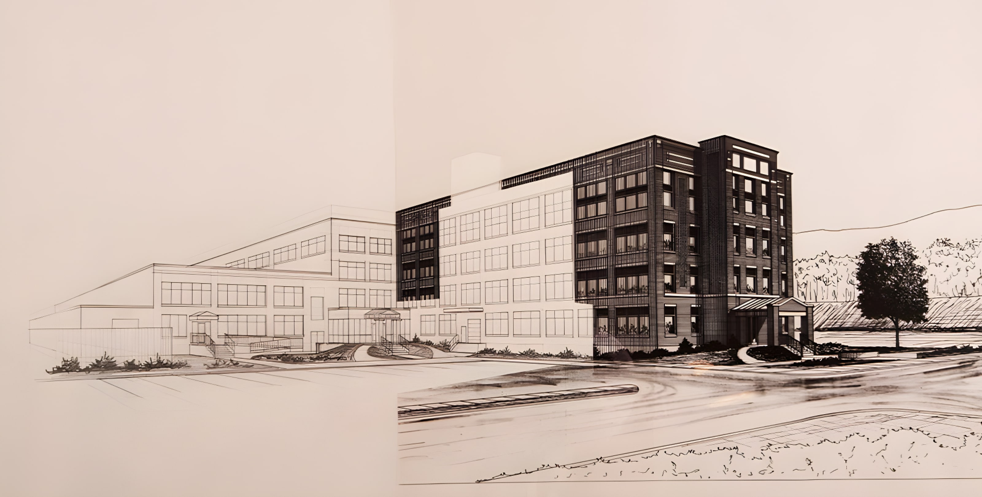 A half completed sketch of a building for architecture website design for Larson Design Group.