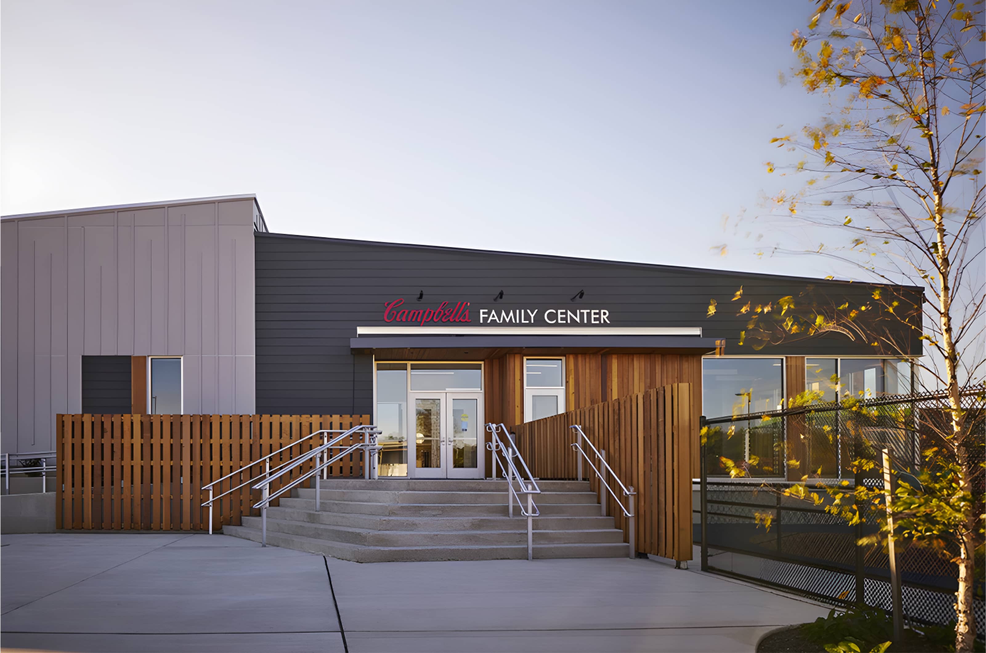 Outdoor view of Campbell's Family Center building design.