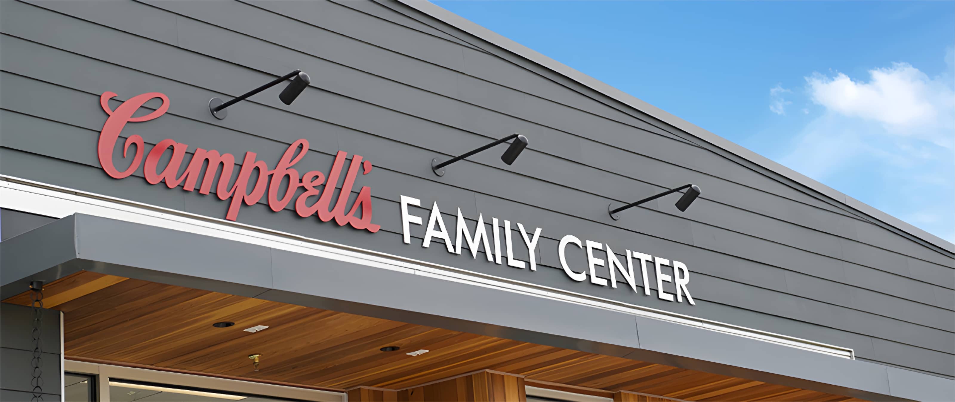 Outside view of Campbell's Family Center building sign.