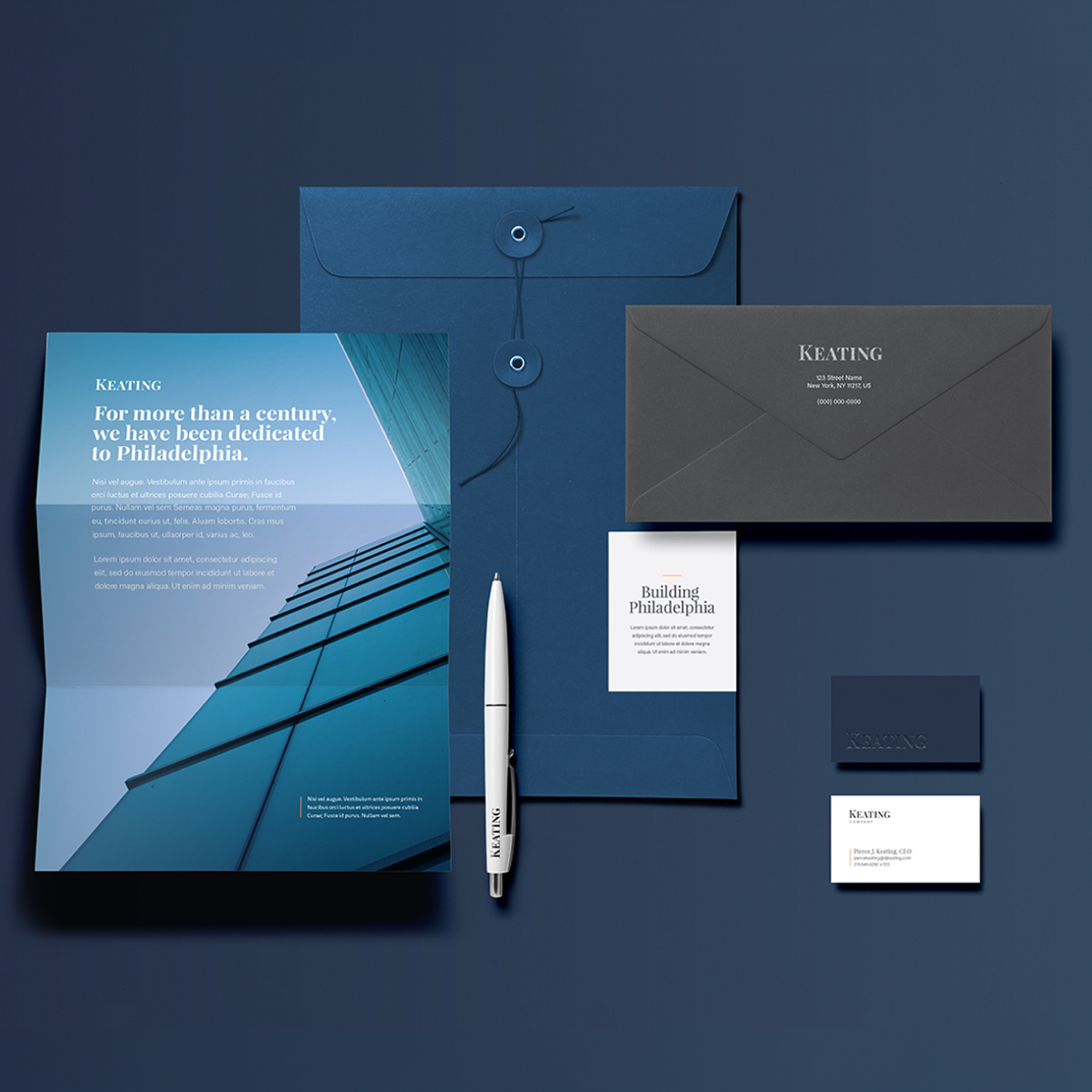 Third & Arch tasteful and dark blue stationary mockup for Keating construction branding.