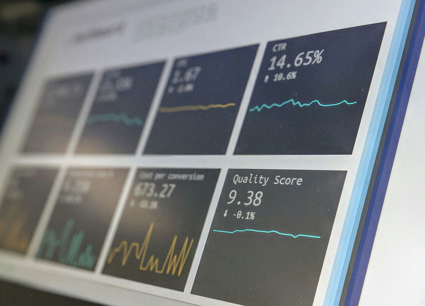 A computer monitor with various graphs and digital marketing data on the screen for the aec industry.