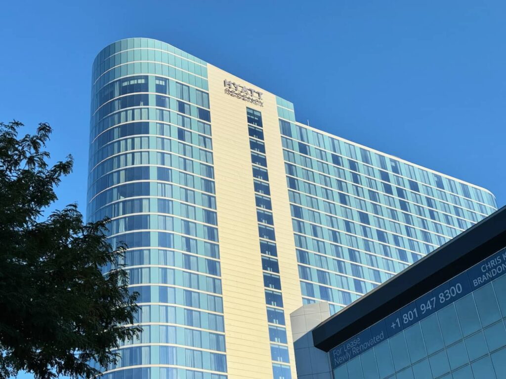 Aerial view of Hyatt Regency in Salt Lake City hosting the SMPS Settle for the Amplify AEC Conference attended by Third & Arch a AEC Branding Agency