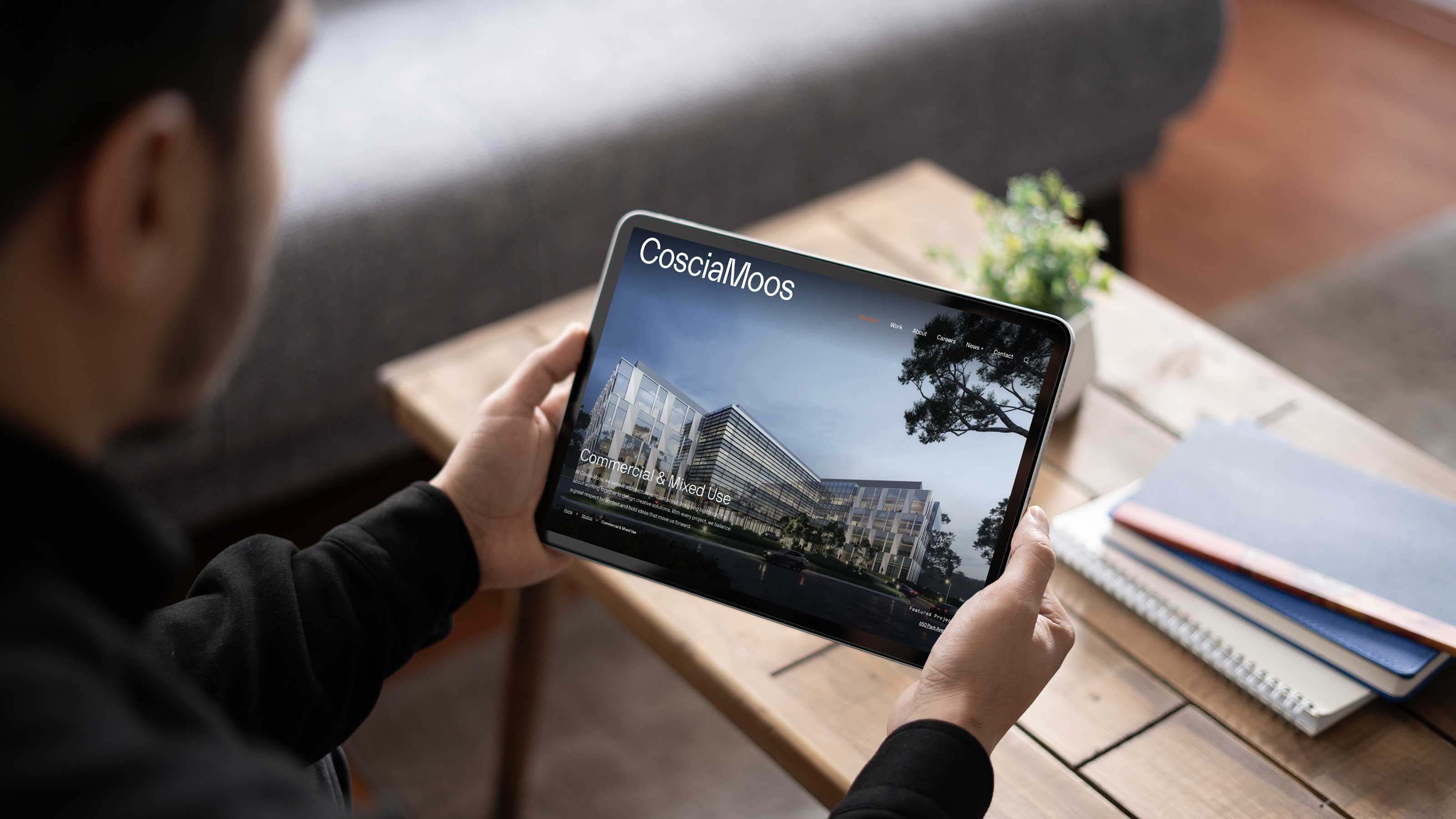 Third & Arch tablet mockup of the CosciaMoos for architecture firm website design.