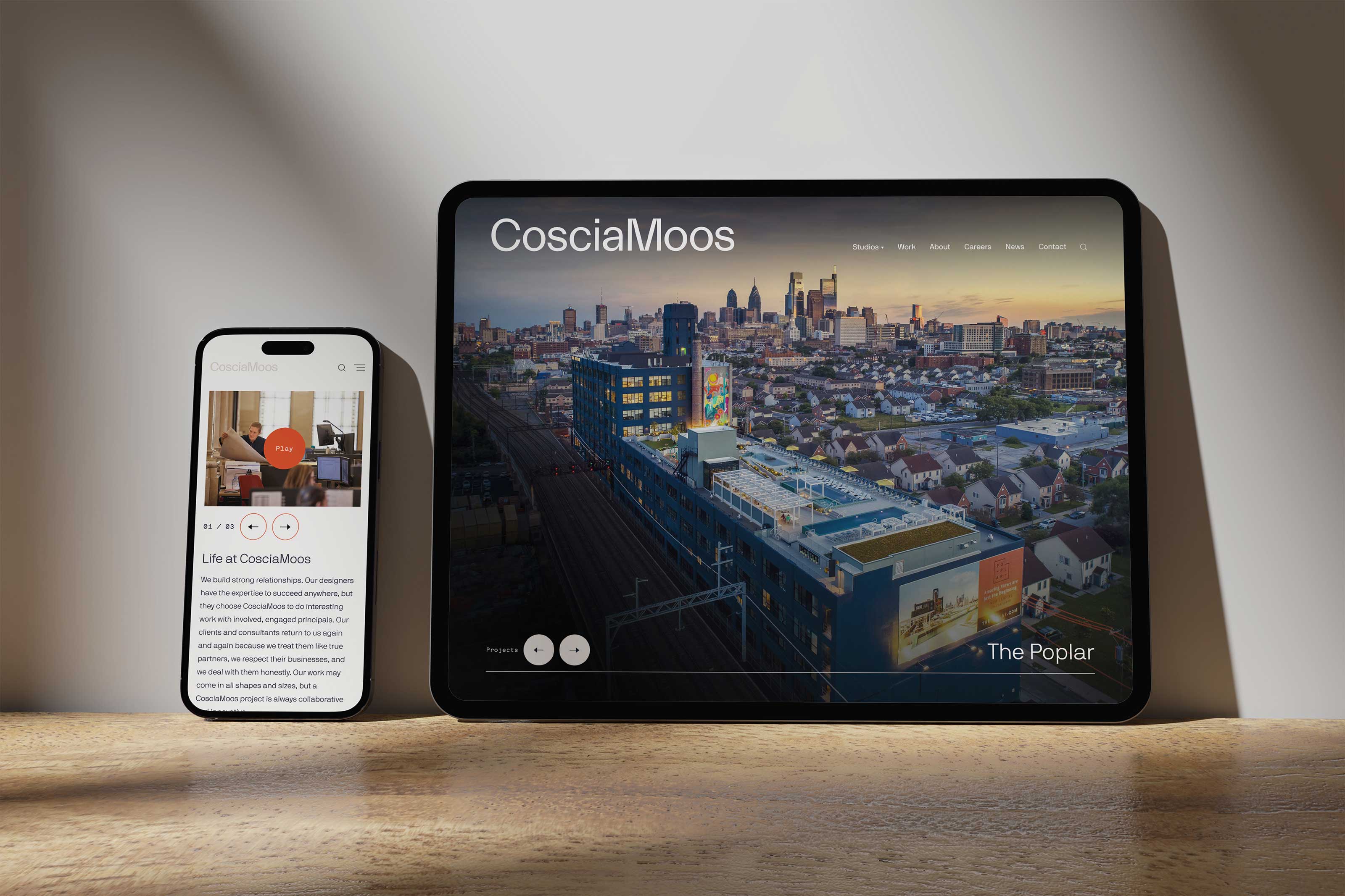 Third & Arch smartphone and tablet mockup of the CosciaMoos for architecture firm website design.