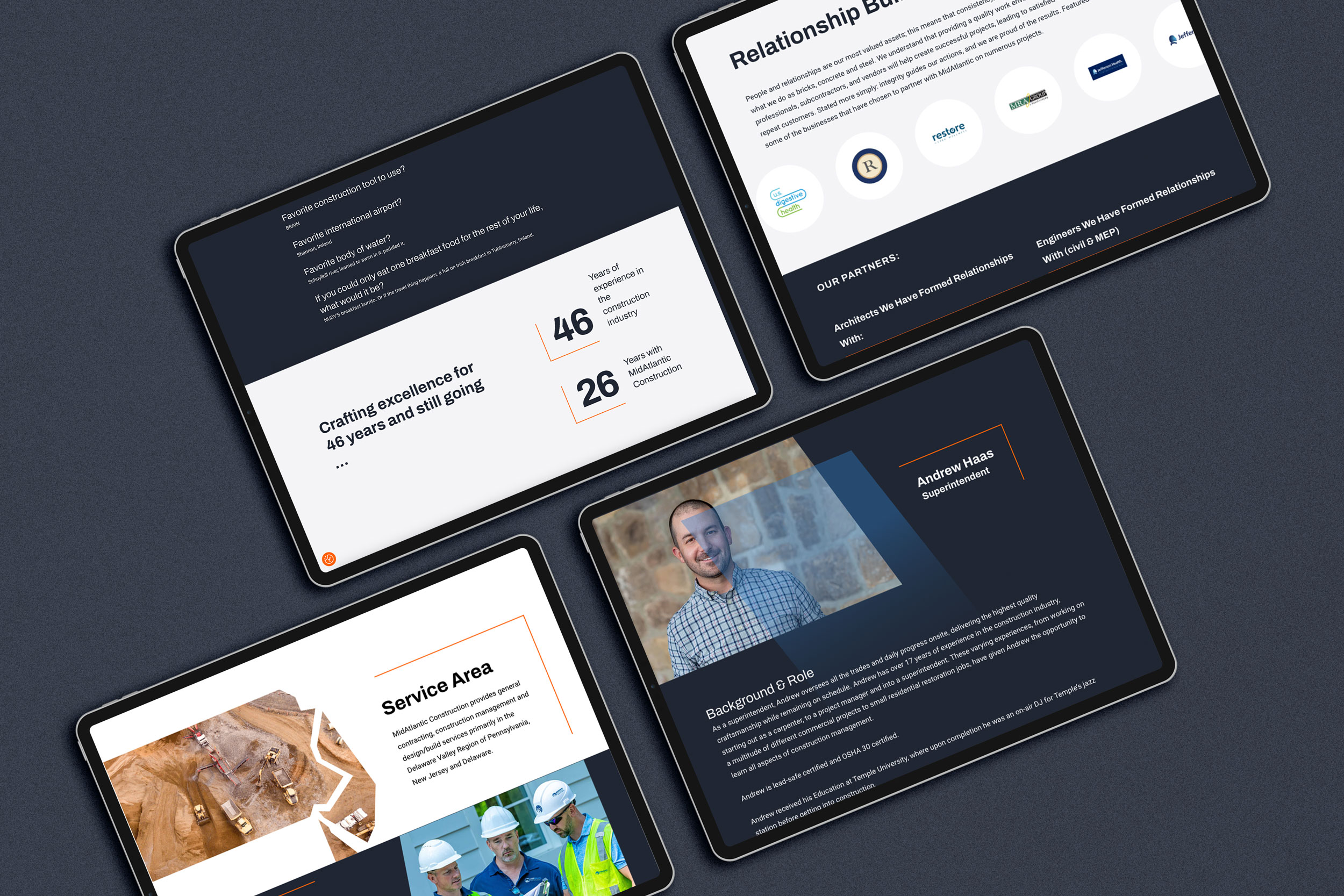 Mid Atlantic Construction Firm Web Design on four tablets