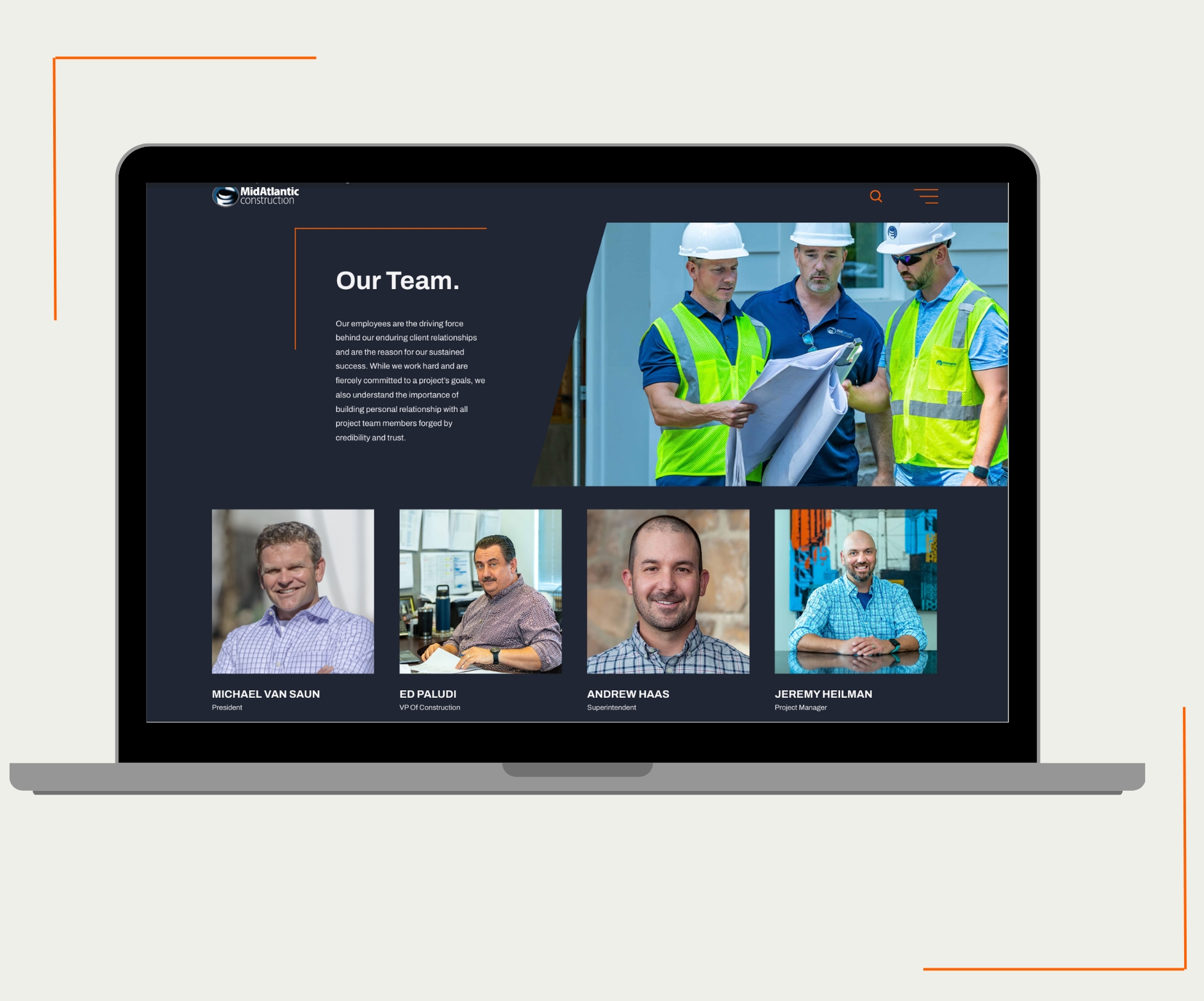 Midatlantic construction company team page website design on a laptop